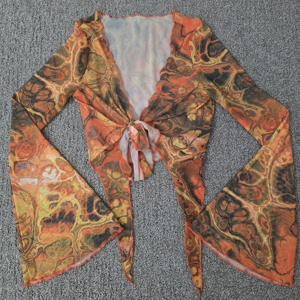 Psychedelic Marble Mesh Tie Front Crop Top Bell Sleeve Indie Sleaze Boho Size S